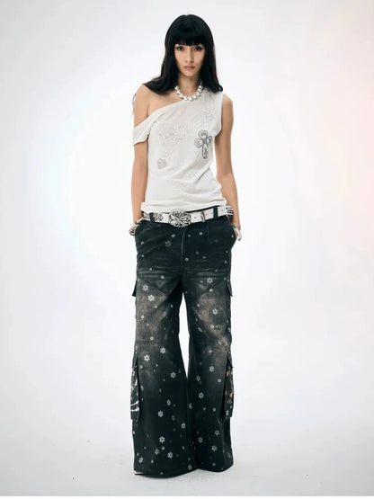 FayChui  Snowflake Print Wide Leg Cargo Pants