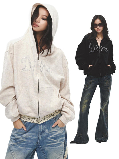 FayChui Soft Loose Fit Diva Rhinestone Lettering Women&