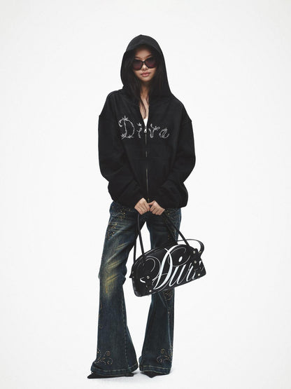 FayChui Soft Loose Fit Diva Rhinestone Lettering Women&