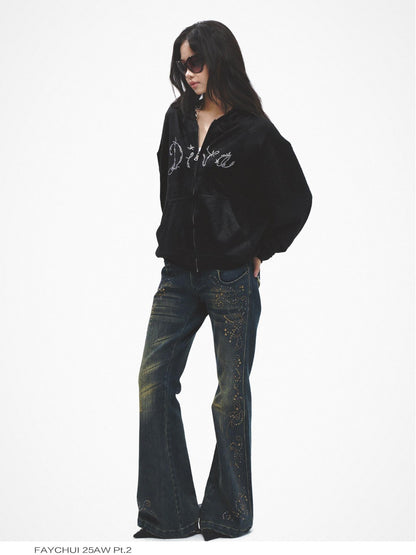 FayChui Soft Loose Fit Diva Rhinestone Lettering Women&