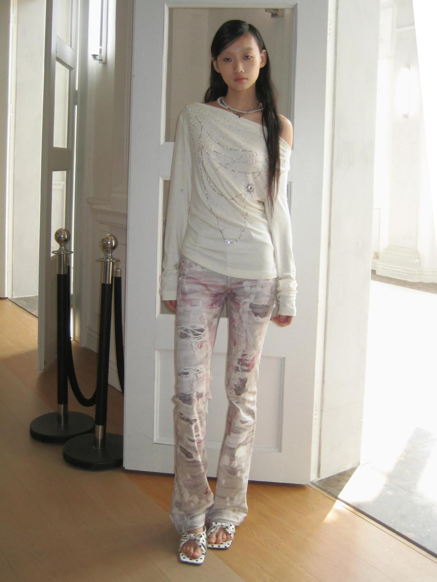 FayChui Soft Pink Pearl Bow Print Tie Dye Women&