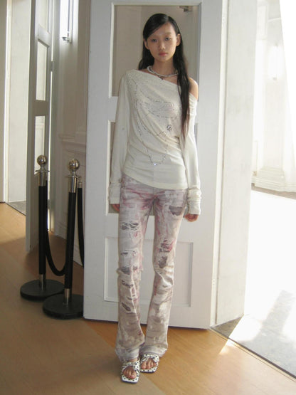FayChui Soft Pink Pearl Bow Print Tie Dye Women&