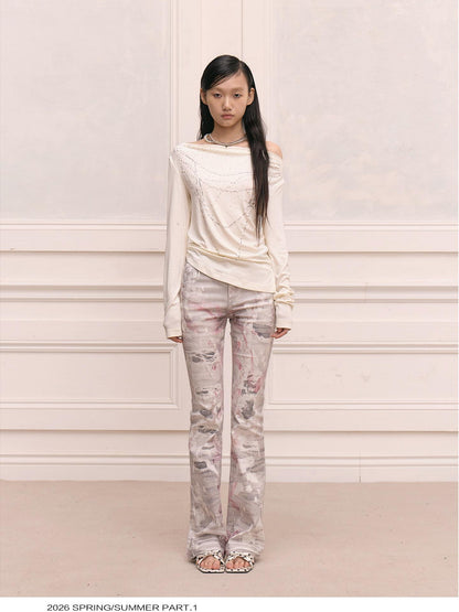 FayChui Soft Pink Pearl Bow Print Tie Dye Women&