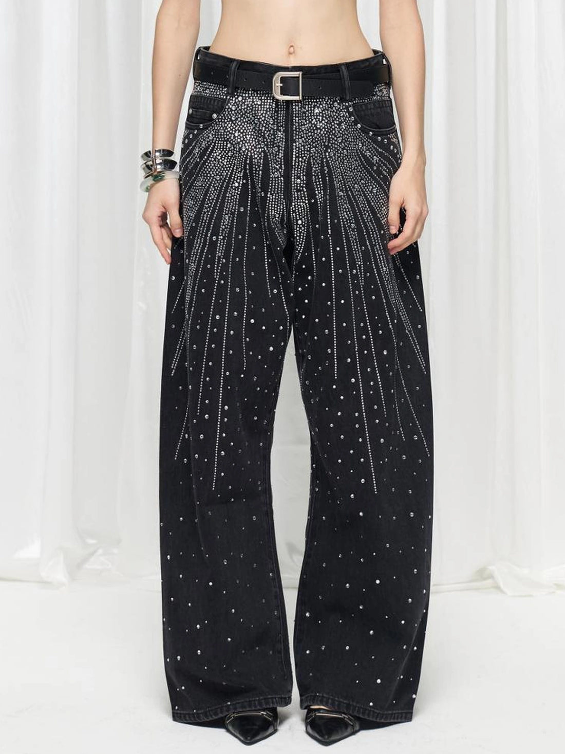 FayChui  Sparkling Diamond Wide Leg Jeans With Crystal Embellishments