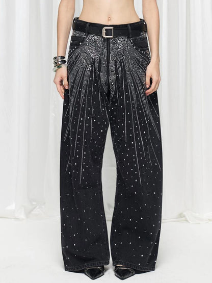 FayChui  Sparkling Diamond Wide Leg Jeans With Crystal Embellishments