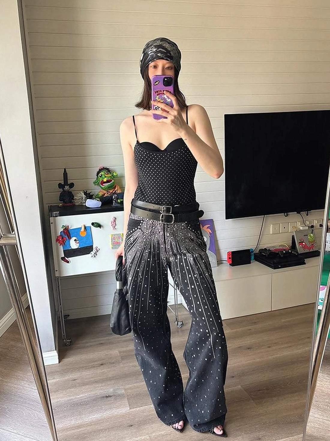 FayChui  Sparkling Diamond Wide Leg Jeans With Crystal Embellishments