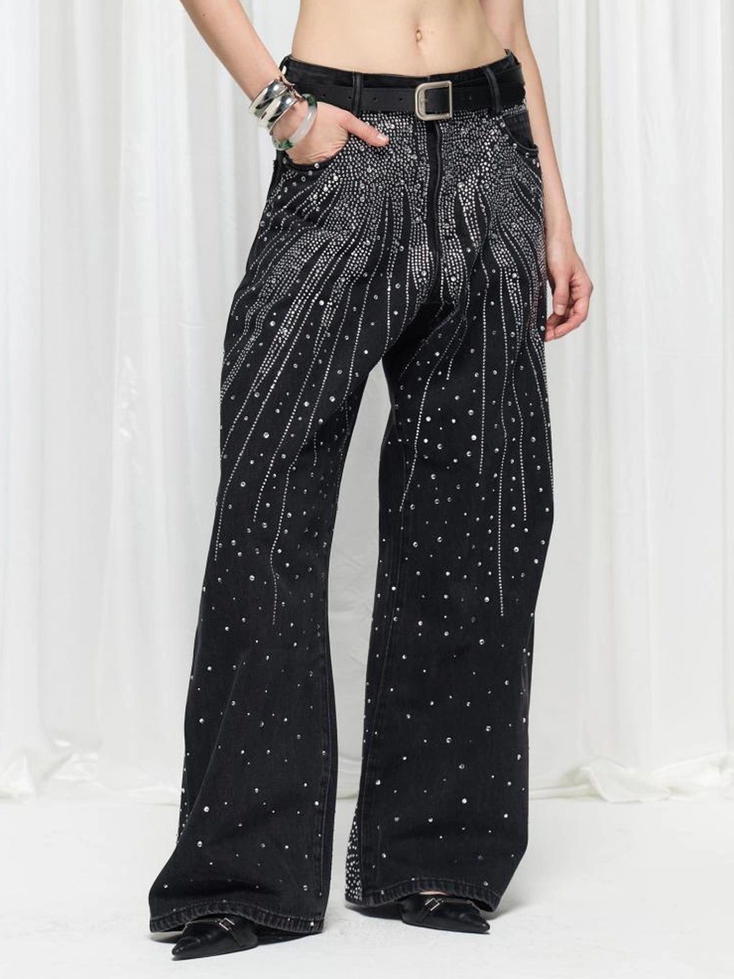 FayChui  Sparkling Diamond Wide Leg Jeans With Crystal Embellishments