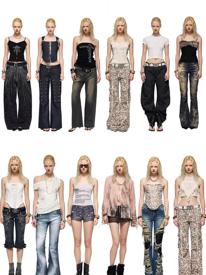 FayChui  Sparkling Diamond Wide Leg Jeans With Crystal Embellishments