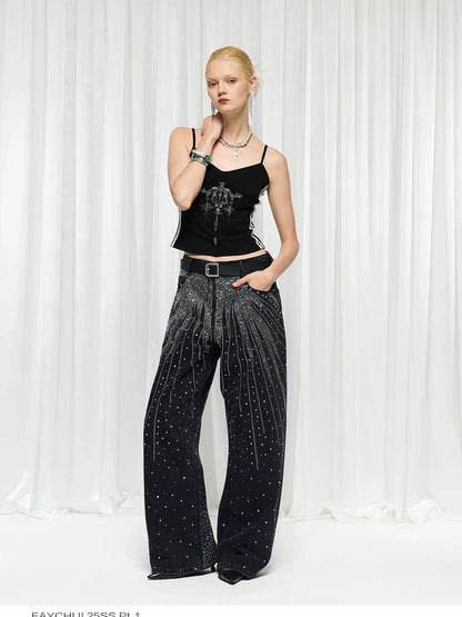 FayChui  Sparkling Diamond Wide Leg Jeans With Crystal Embellishments
