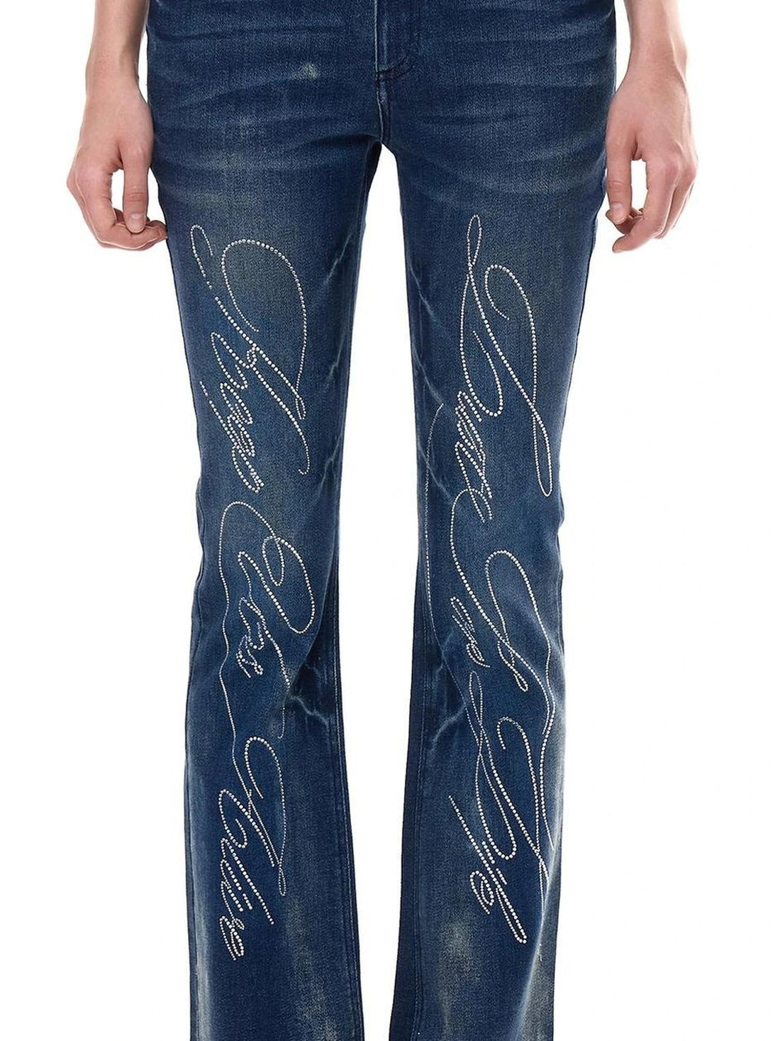 FayChui  Stretch Flared Jeans With Hip Pads And Crystal Studs