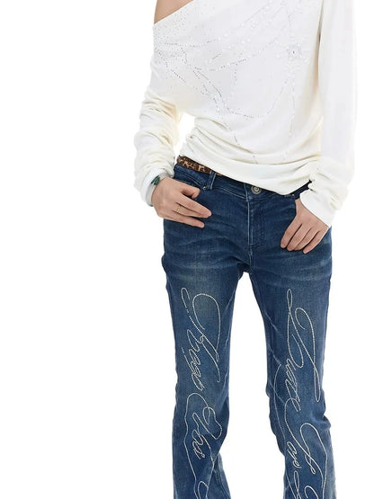 FayChui  Stretch Flared Jeans With Hip Pads And Crystal Studs
