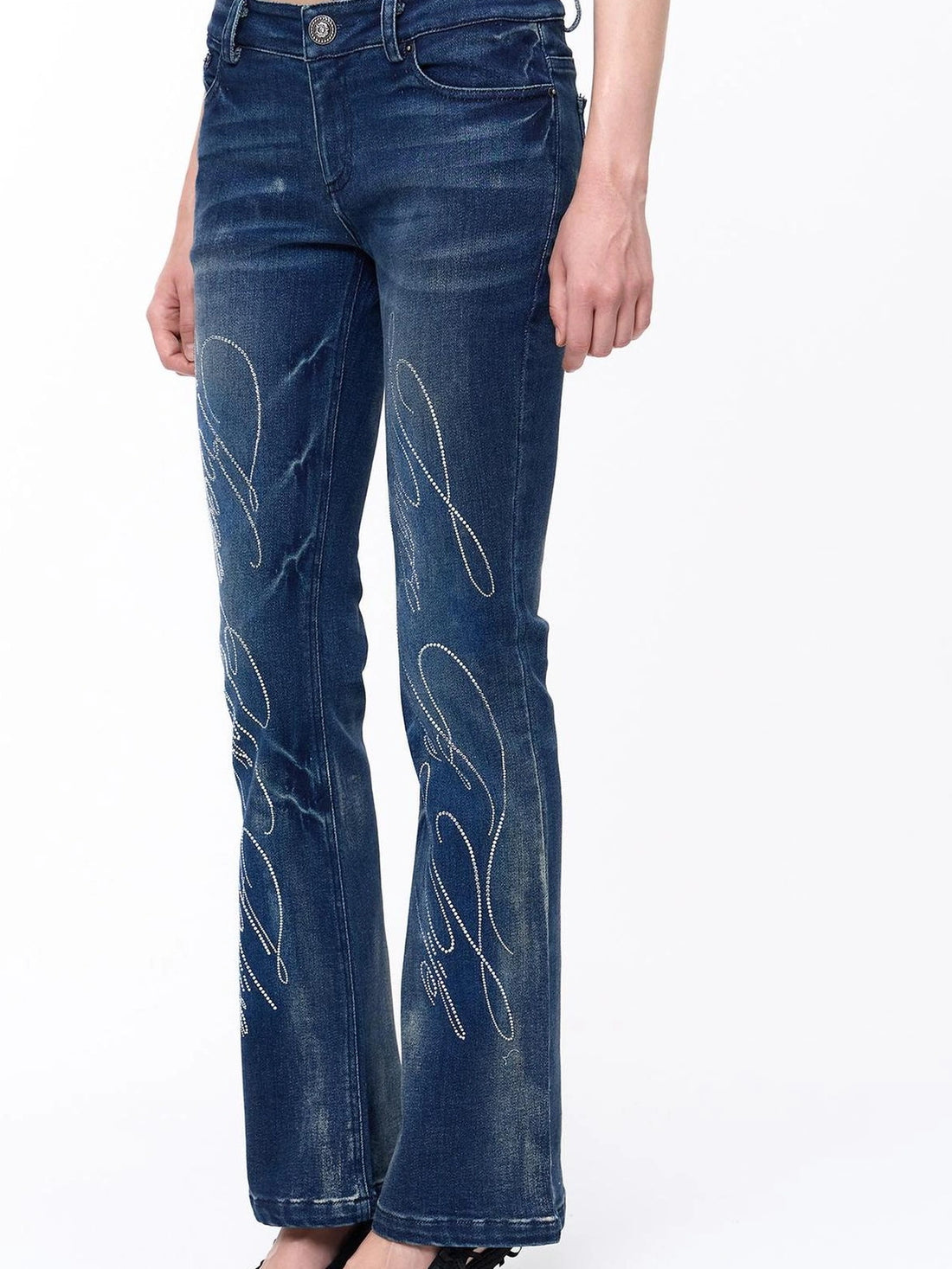 FayChui  Stretch Flared Jeans With Hip Pads And Crystal Studs