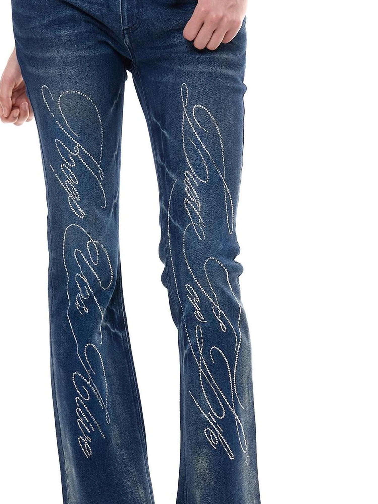 FayChui  Stretch Flared Jeans With Hip Pads And Crystal Studs