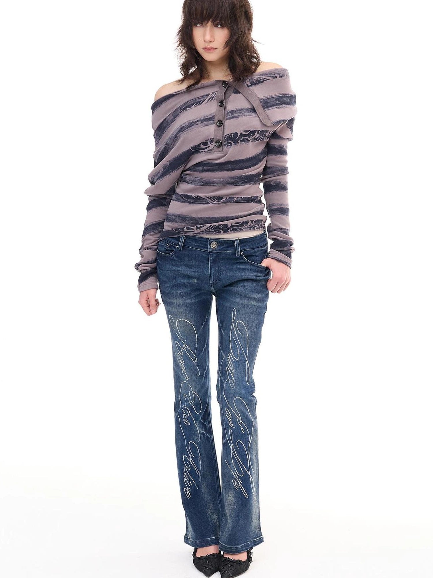 FayChui  Stretch Flared Jeans With Hip Pads And Crystal Studs