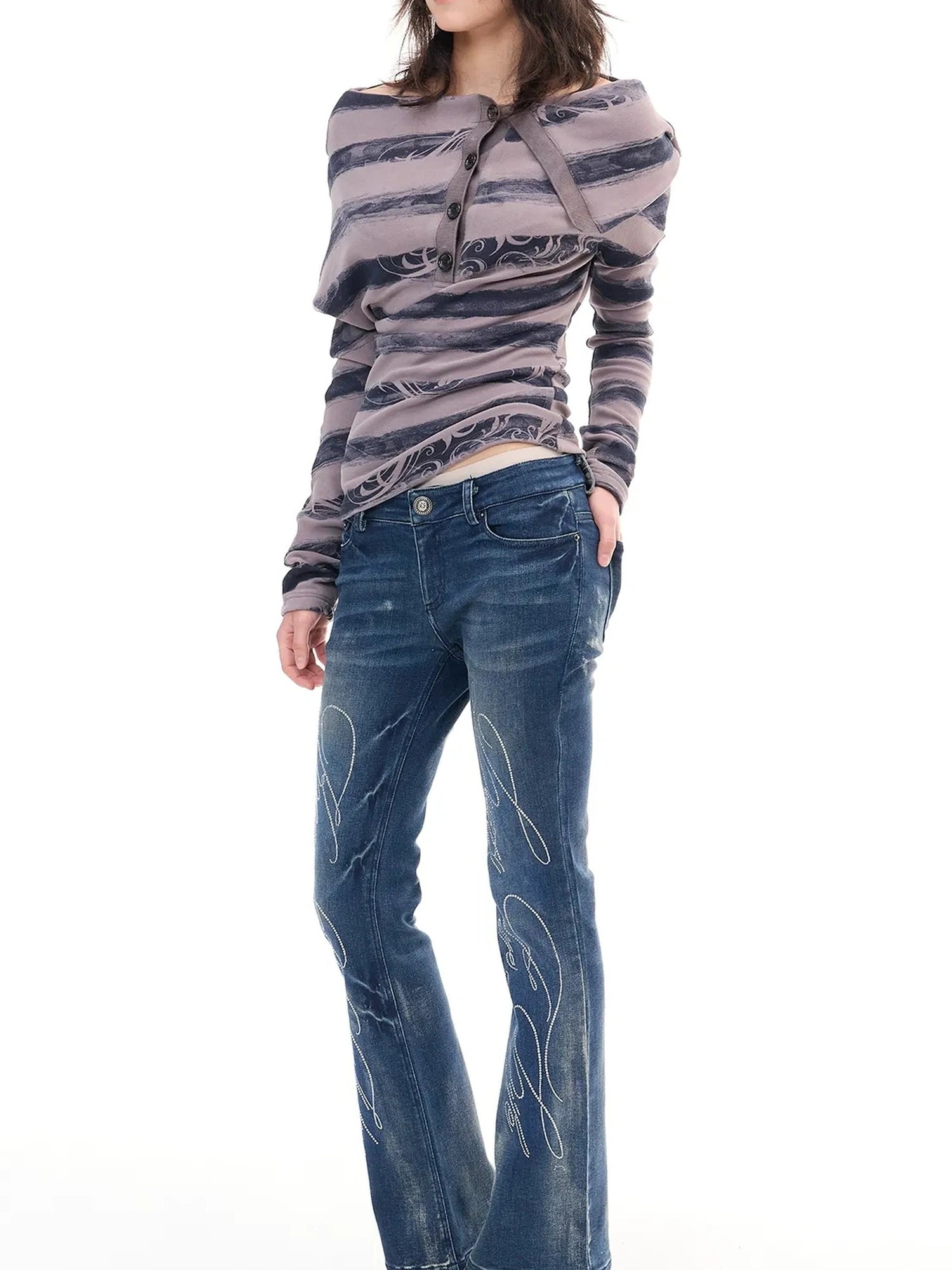 FayChui  Stretch Flared Jeans With Hip Pads And Crystal Studs
