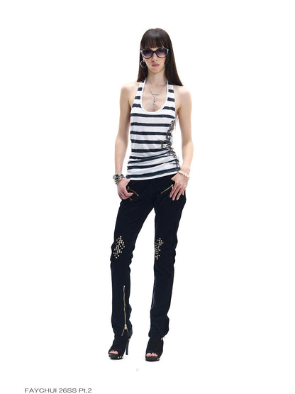 FayChui Striped Floral Embroidered Rhinestone Backless Women&