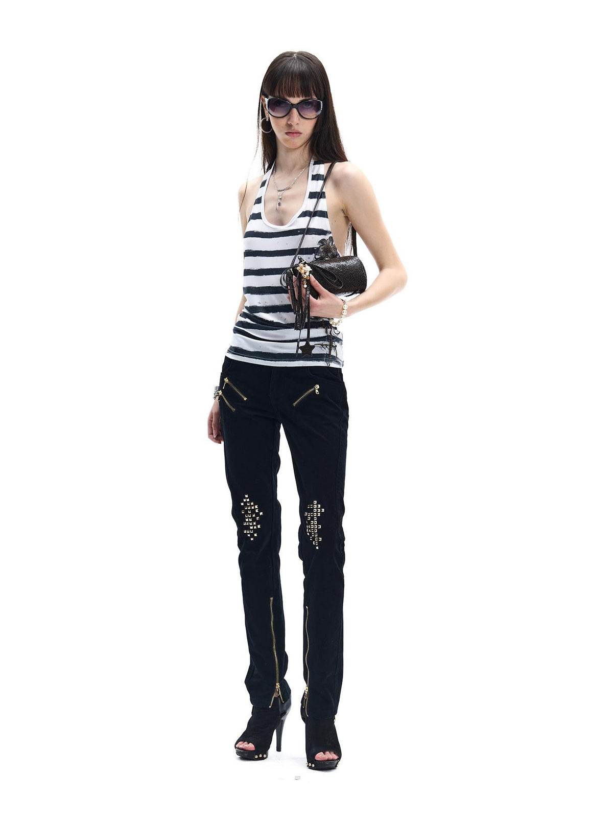 FayChui Striped Floral Embroidered Rhinestone Backless Women&