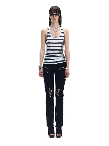 FayChui Striped Floral Embroidered Rhinestone Backless Women&