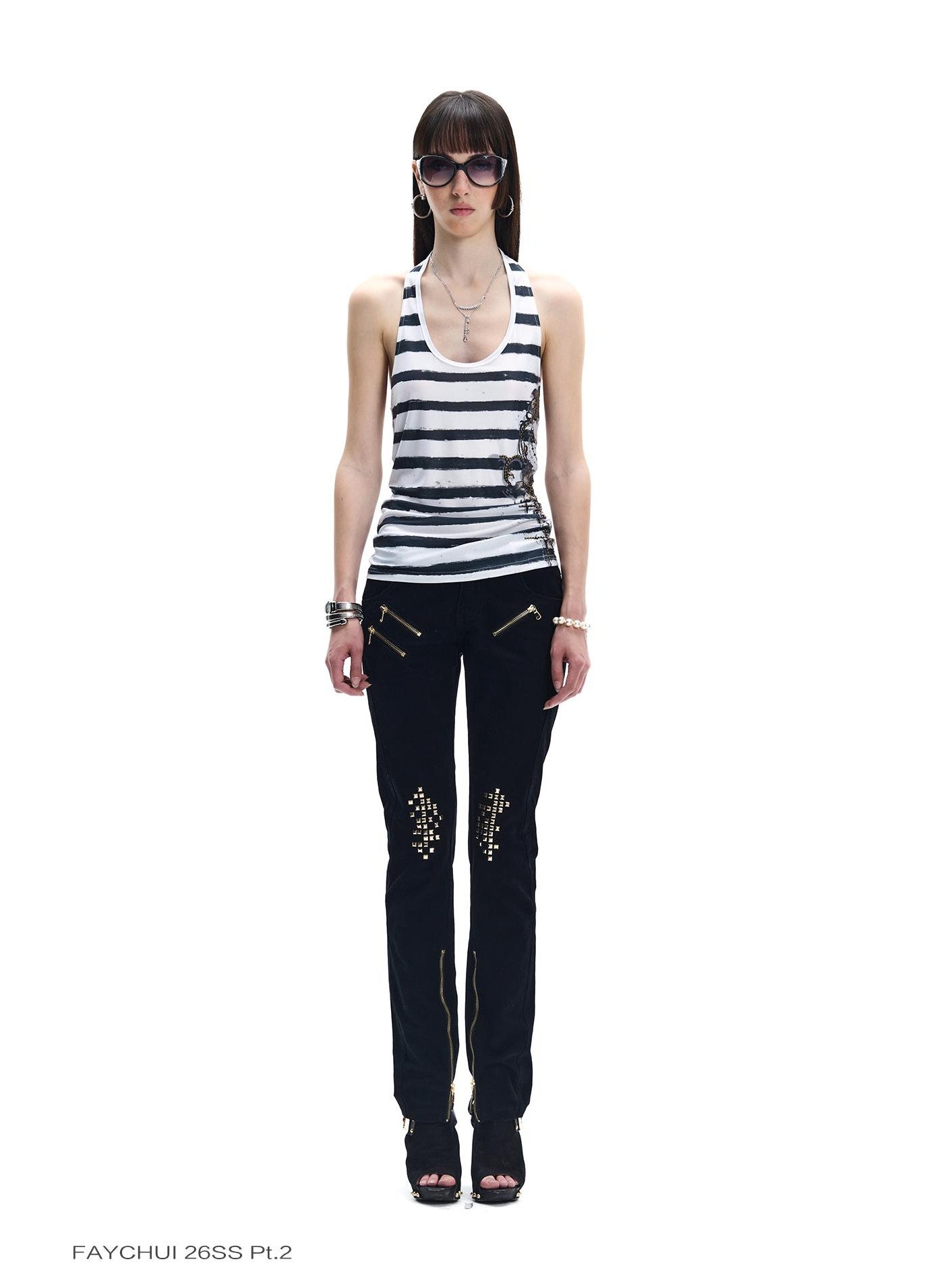 FayChui Striped Floral Embroidered Rhinestone Backless Women&