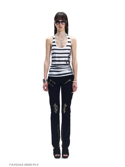 FayChui Striped Floral Embroidered Rhinestone Backless Women&