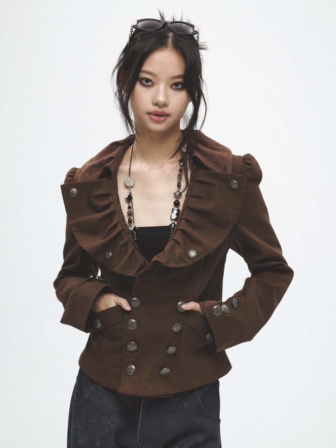 FayChui Tan Wide Lapel Lace Cinched Waist Double Breasted Slim Women&