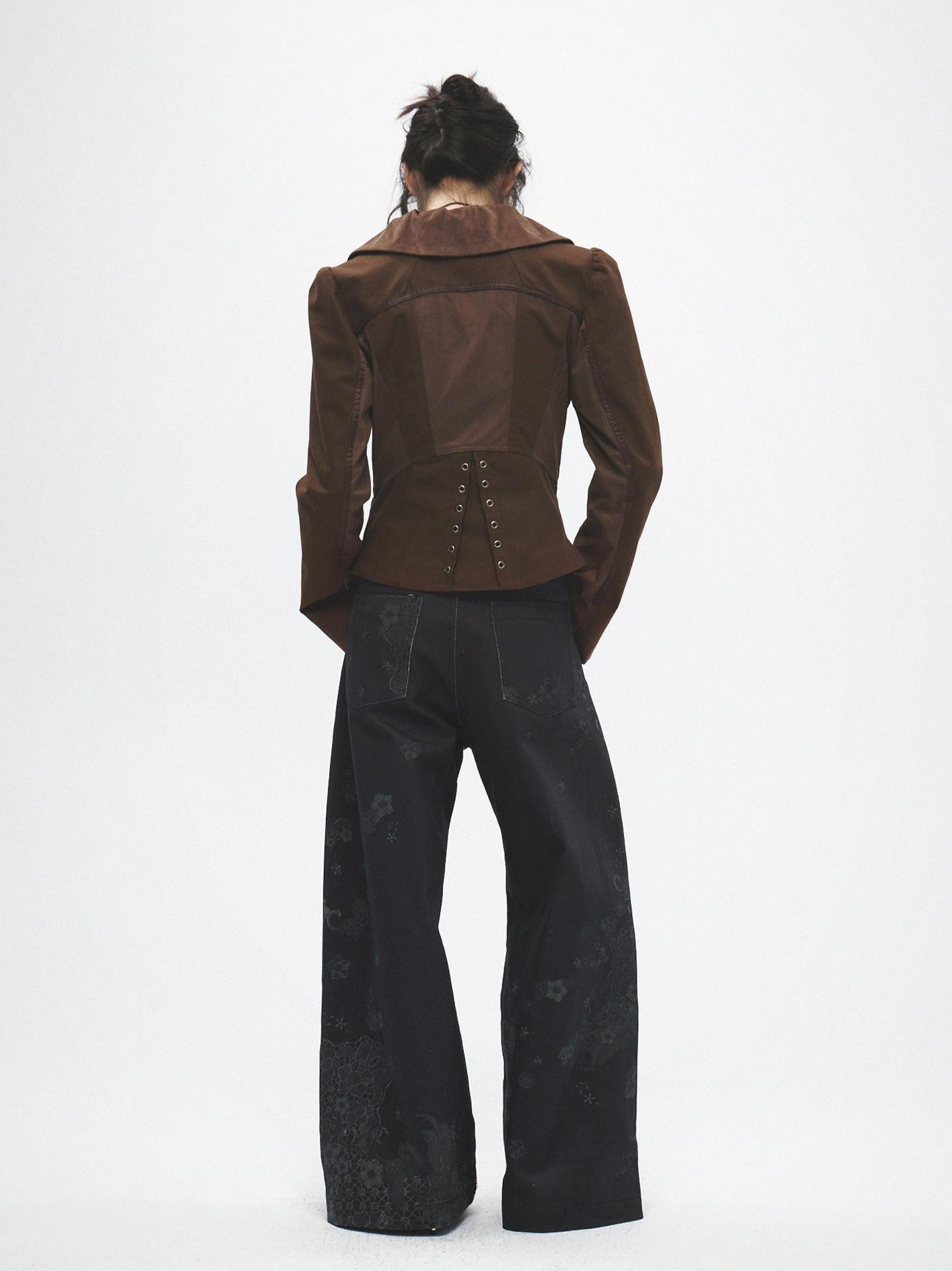 FayChui Tan Wide Lapel Lace Cinched Waist Double Breasted Slim Women&