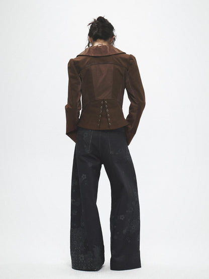 FayChui Tan Wide Lapel Lace Cinched Waist Double Breasted Slim Women&