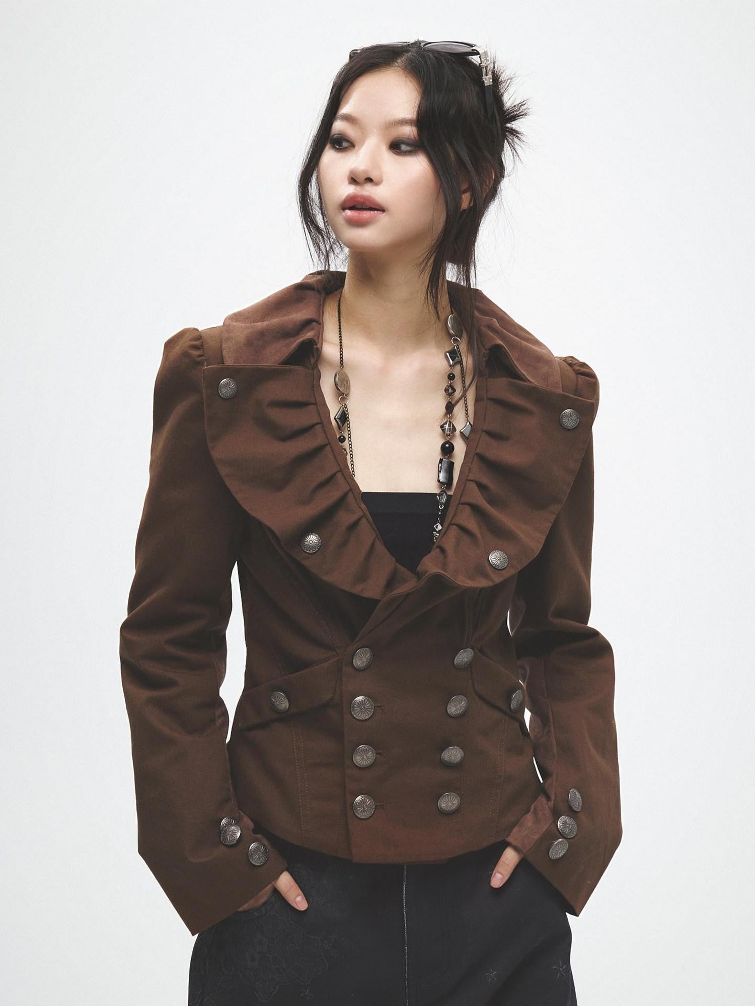 FayChui Tan Wide Lapel Lace Cinched Waist Double Breasted Slim Women&