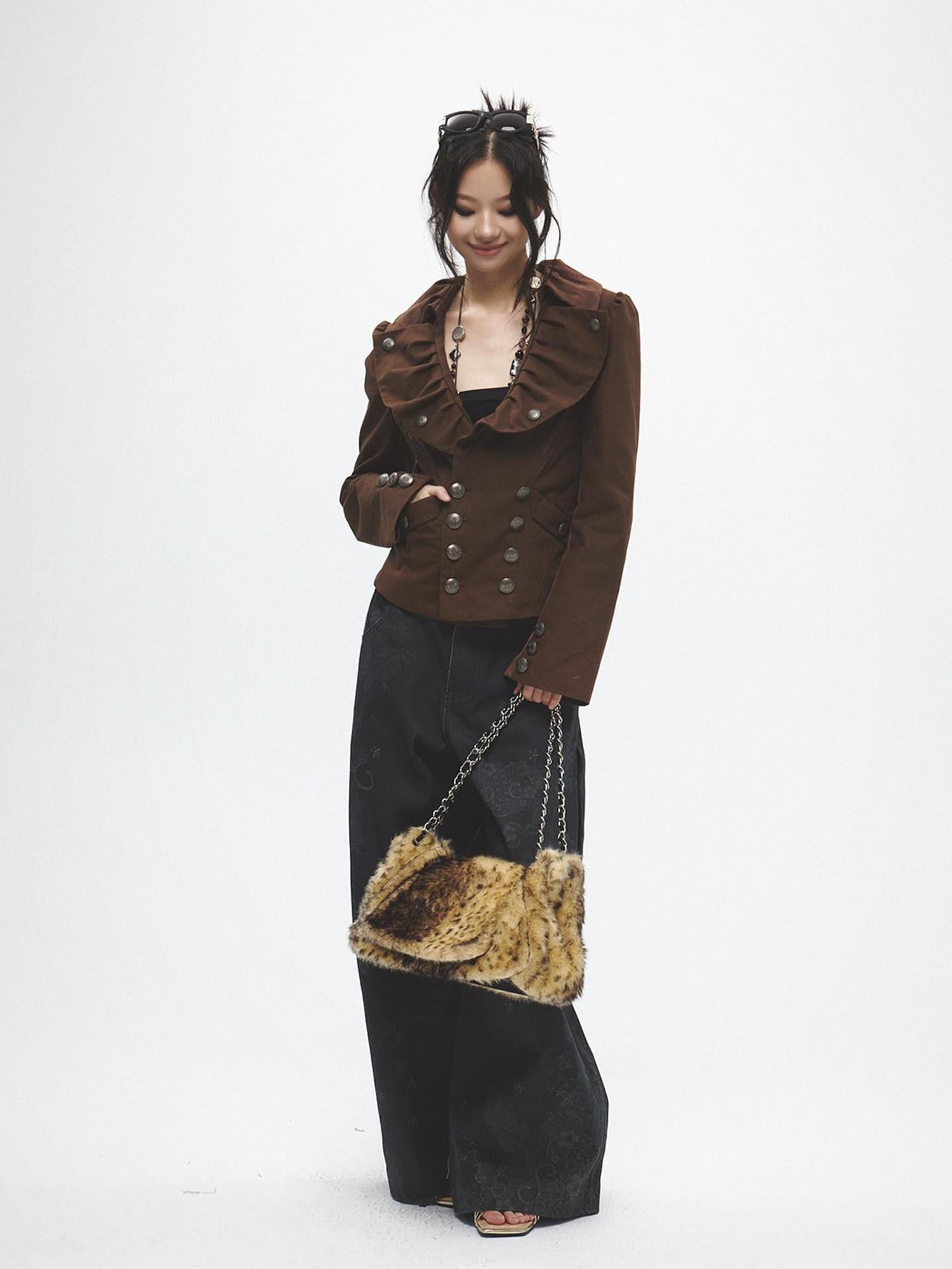 FayChui Tan Wide Lapel Lace Cinched Waist Double Breasted Slim Women&