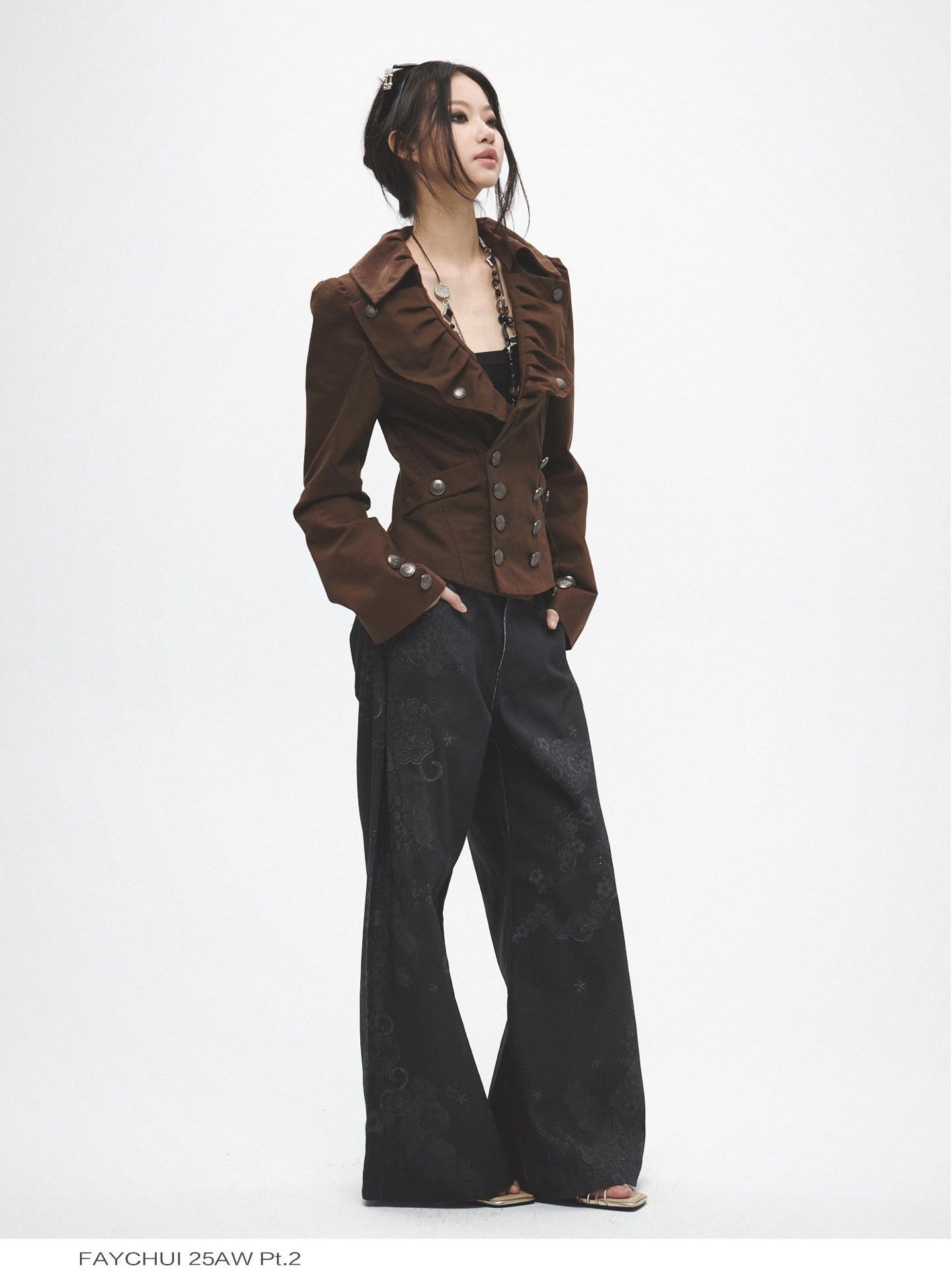 FayChui Tan Wide Lapel Lace Cinched Waist Double Breasted Slim Women&