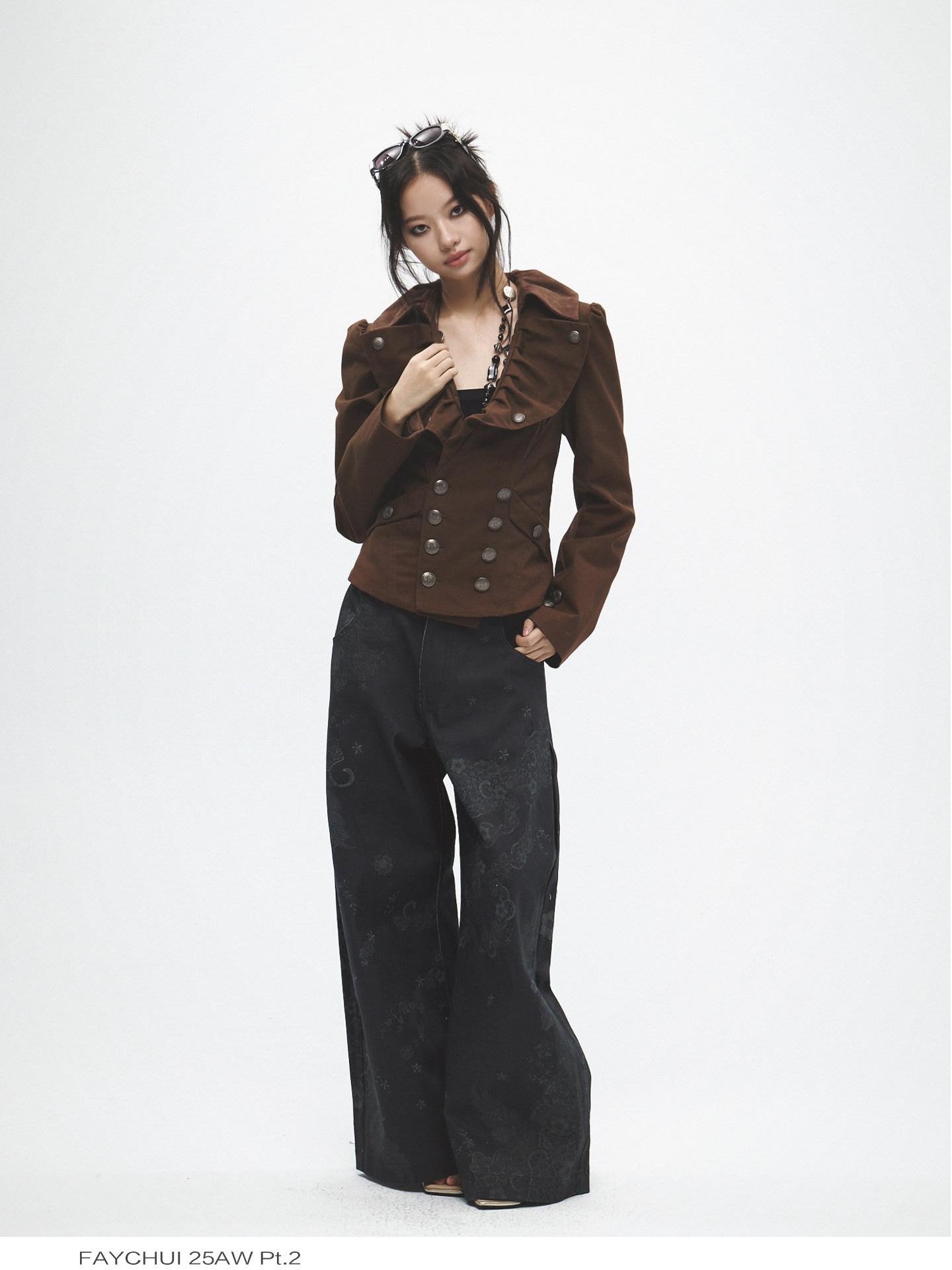 FayChui Tan Wide Lapel Lace Cinched Waist Double Breasted Slim Women&