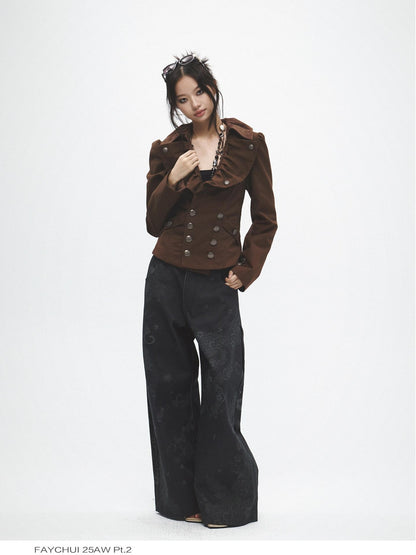 FayChui Tan Wide Lapel Lace Cinched Waist Double Breasted Slim Women&