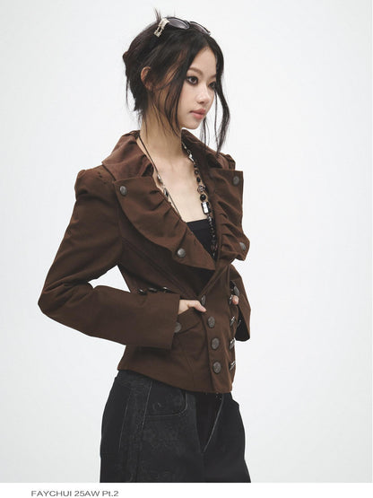 FayChui Tan Wide Lapel Lace Cinched Waist Double Breasted Slim Women&