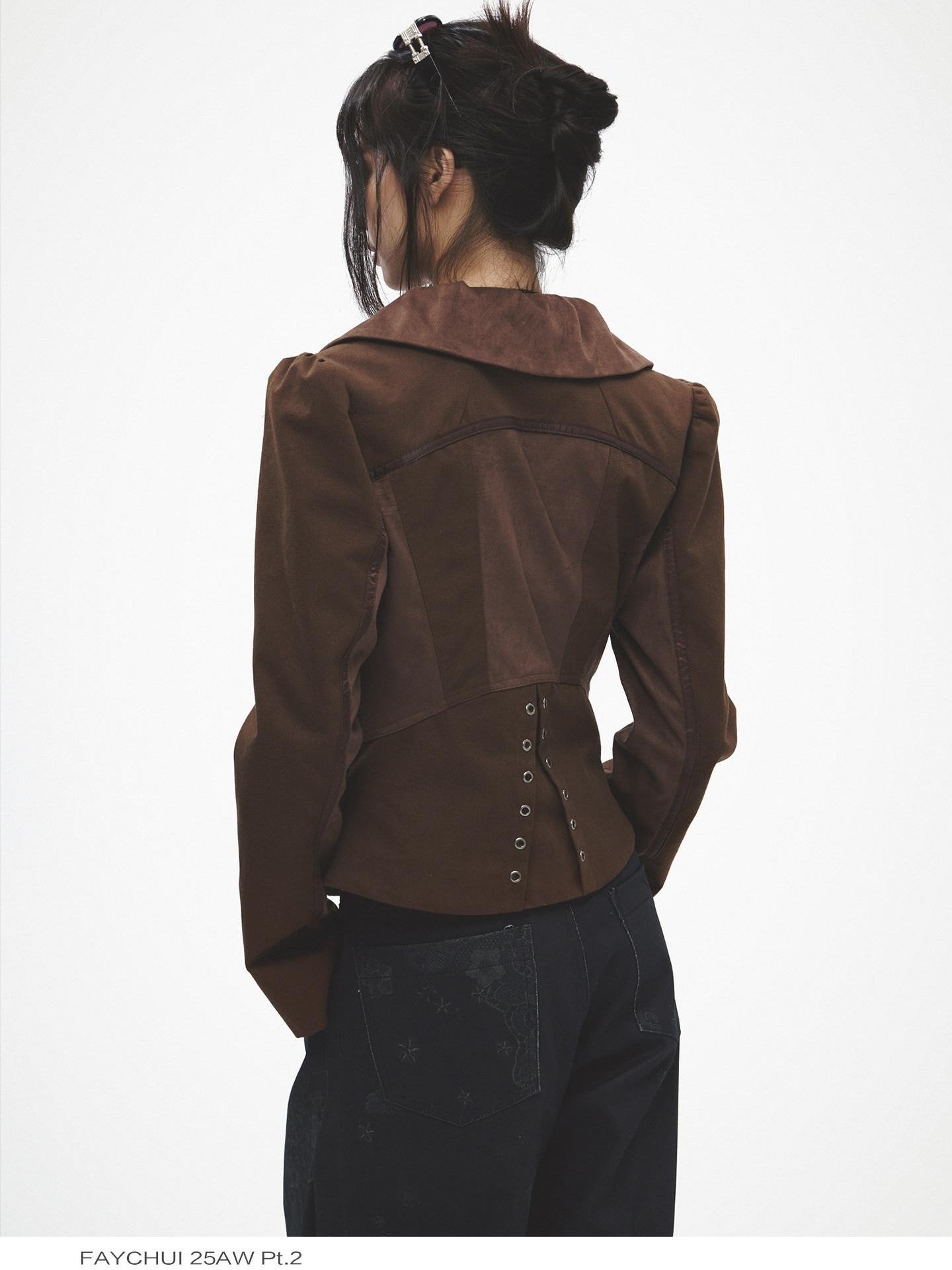 FayChui Tan Wide Lapel Lace Cinched Waist Double Breasted Slim Women&