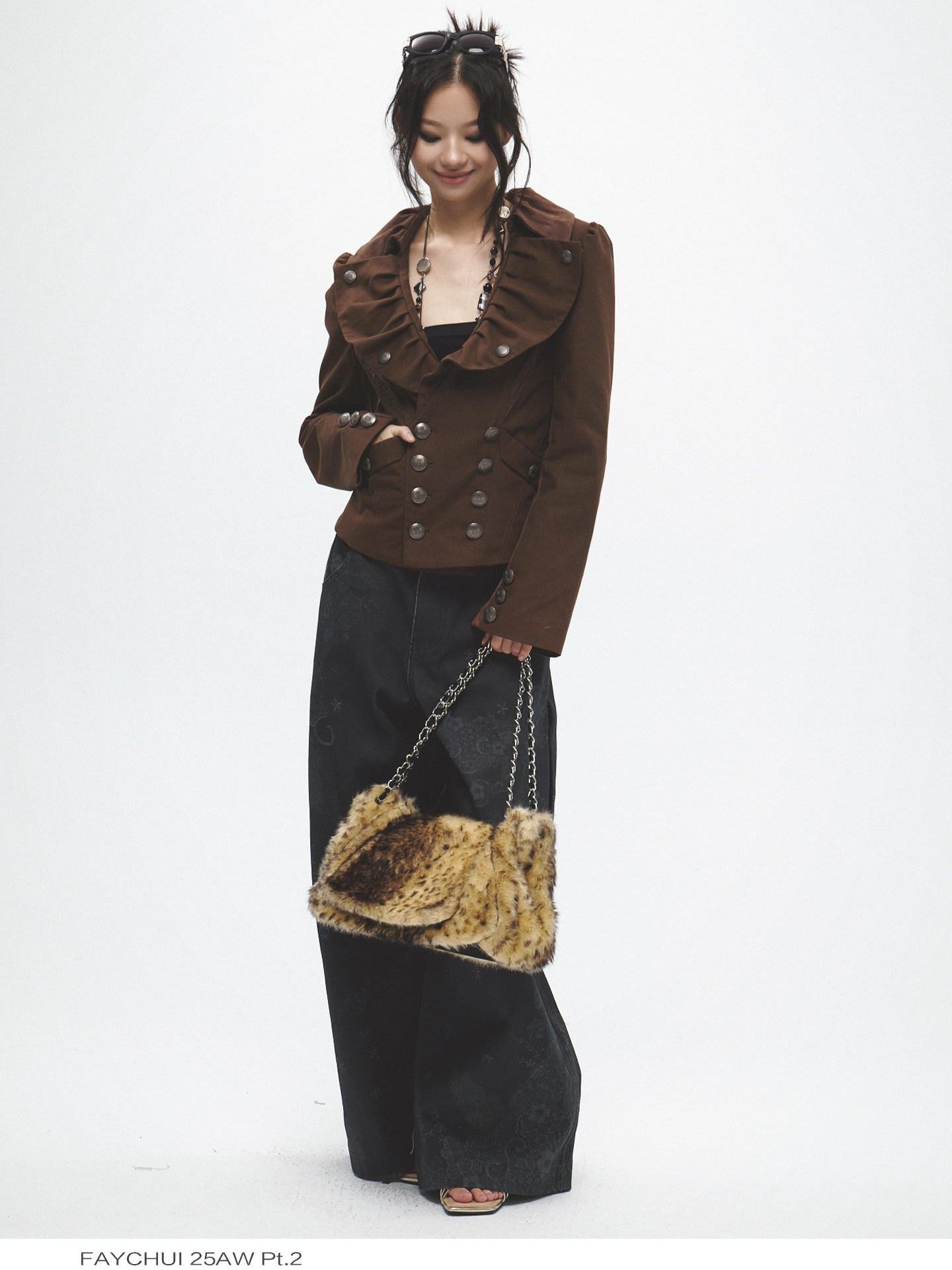 FayChui Tan Wide Lapel Lace Cinched Waist Double Breasted Slim Women&
