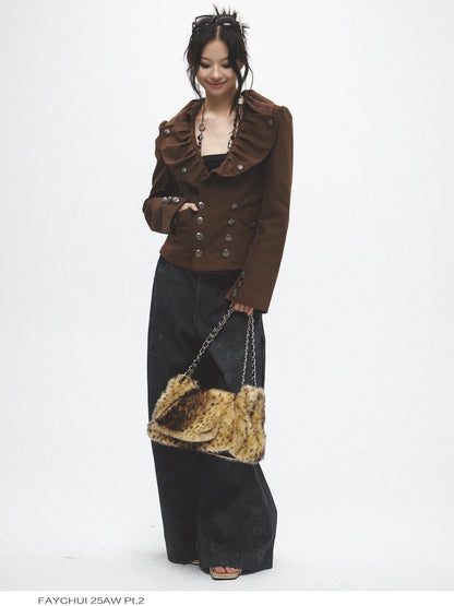 FayChui Tan Wide Lapel Lace Cinched Waist Double Breasted Slim Women&