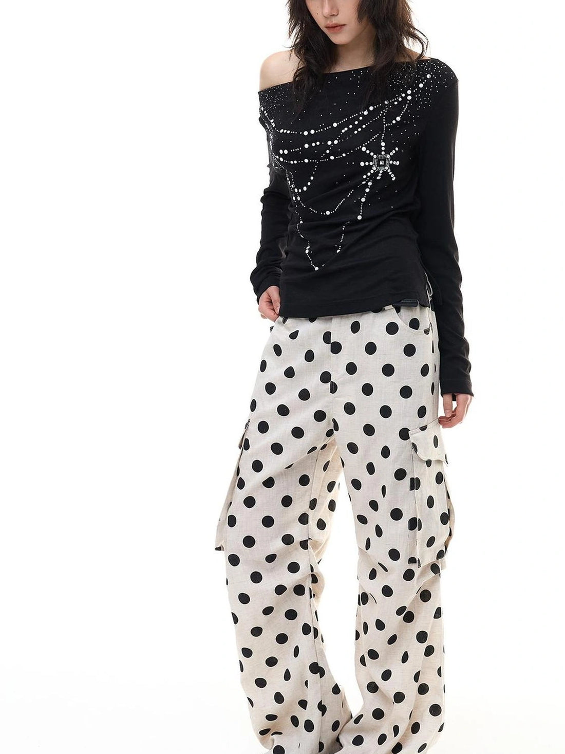 FayChui  Tencel Linen Dot Wide Leg Cargo Pants