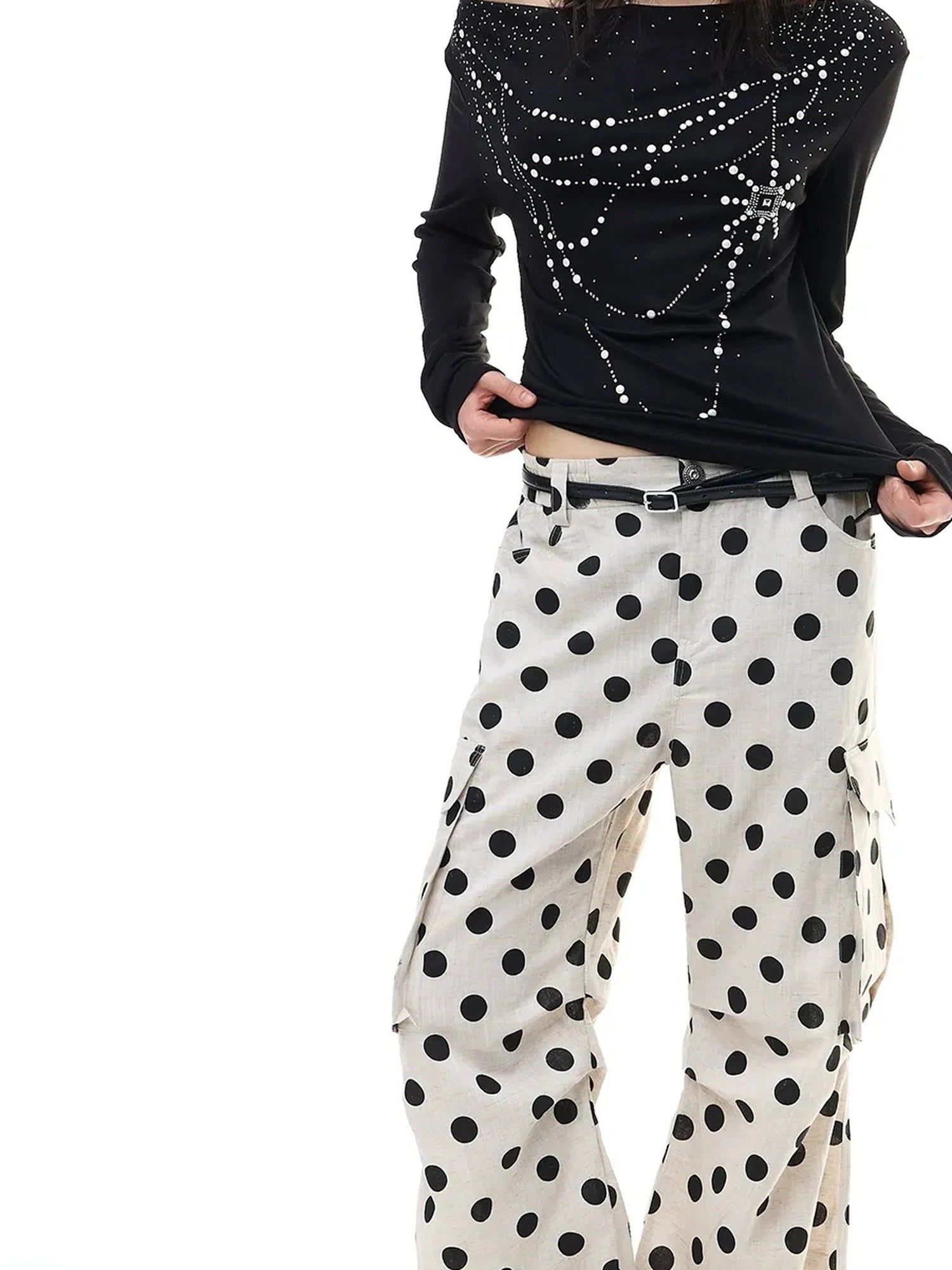 FayChui  Tencel Linen Dot Wide Leg Cargo Pants