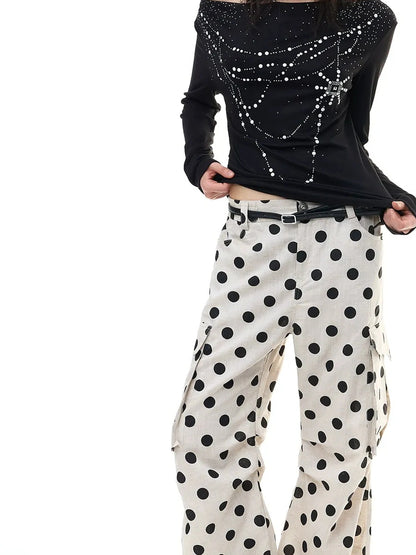 FayChui  Tencel Linen Dot Wide Leg Cargo Pants