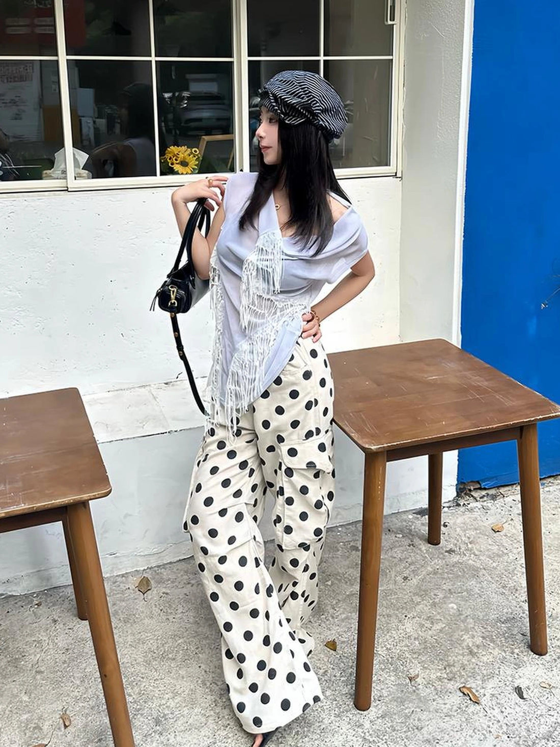 FayChui  Tencel Linen Dot Wide Leg Cargo Pants