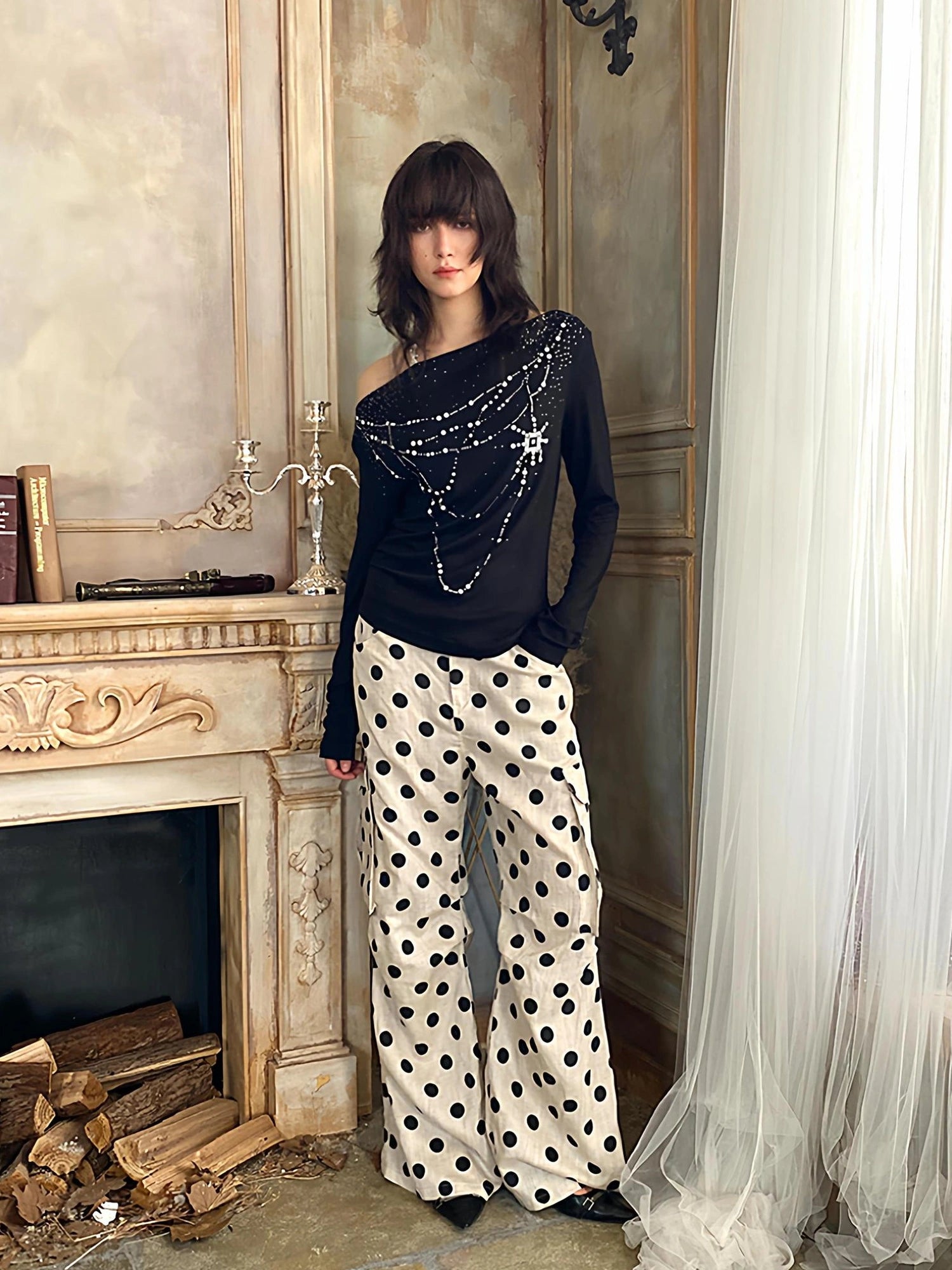 FayChui  Tencel Linen Dot Wide Leg Cargo Pants