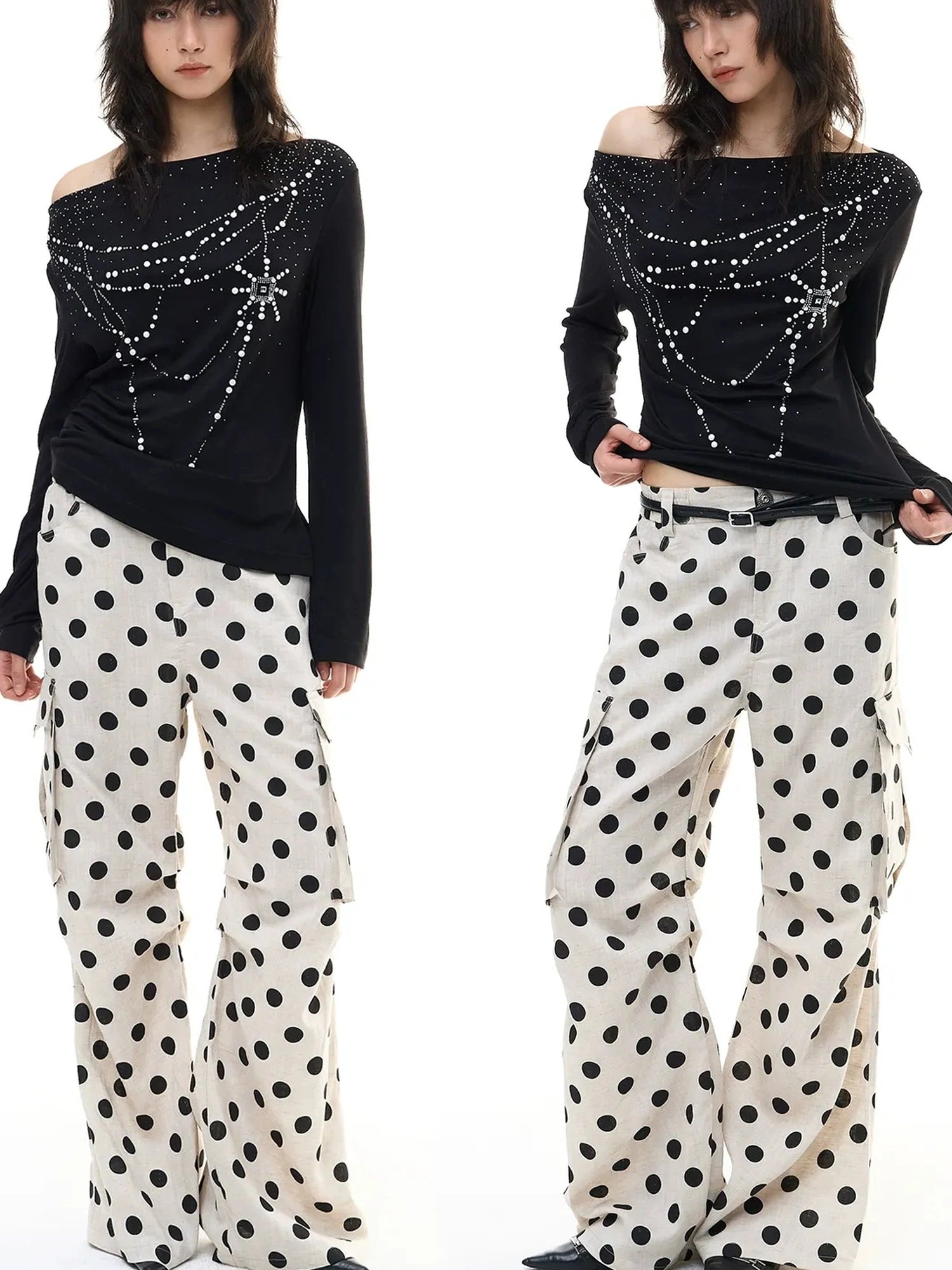 FayChui  Tencel Linen Dot Wide Leg Cargo Pants