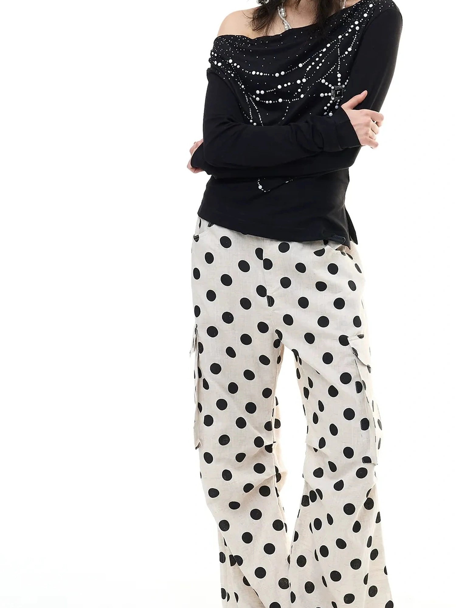 FayChui  Tencel Linen Dot Wide Leg Cargo Pants
