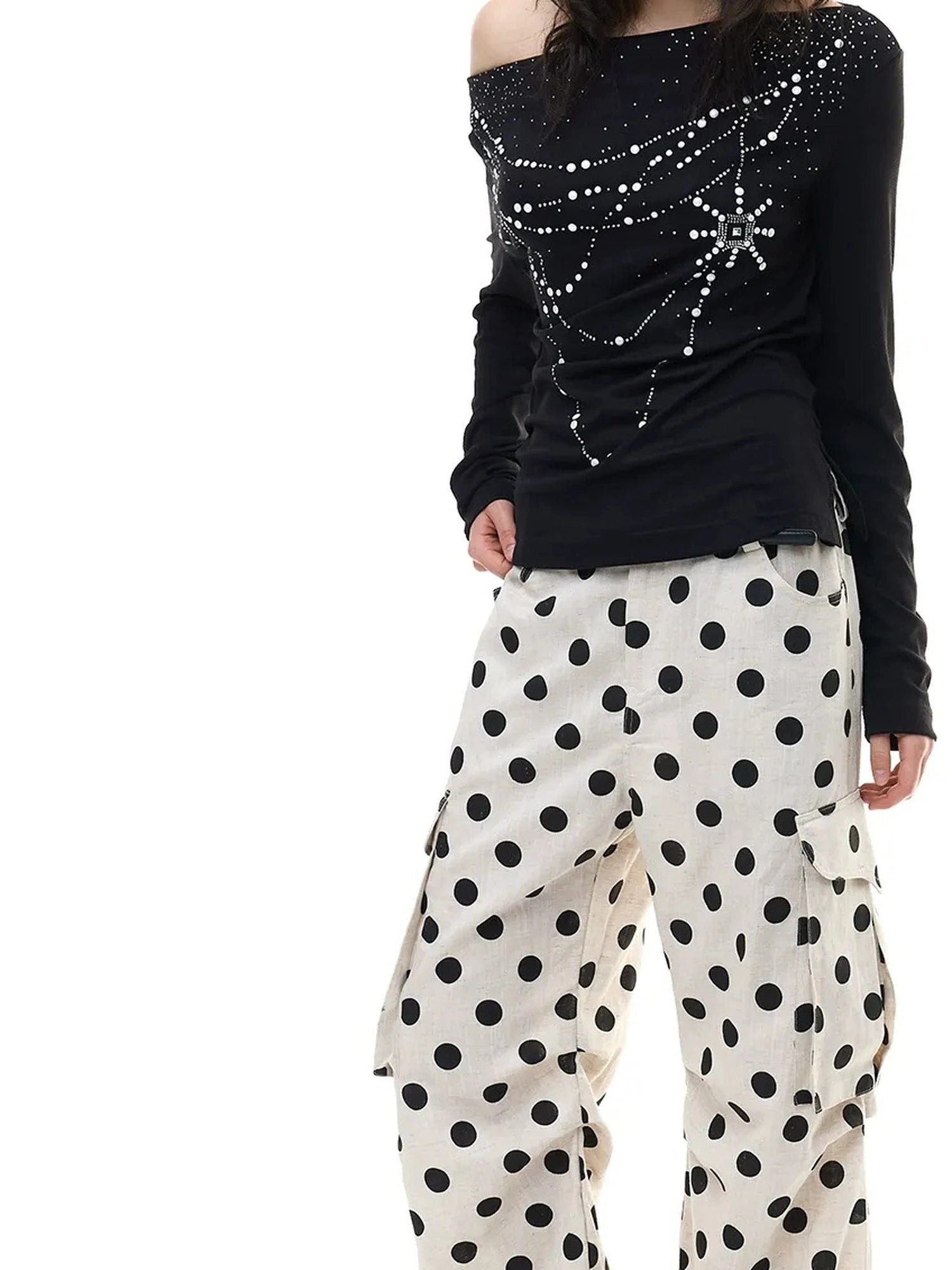 FayChui  Tencel Linen Dot Wide Leg Cargo Pants