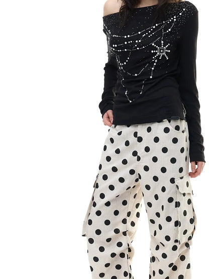 FayChui  Tencel Linen Dot Wide Leg Cargo Pants