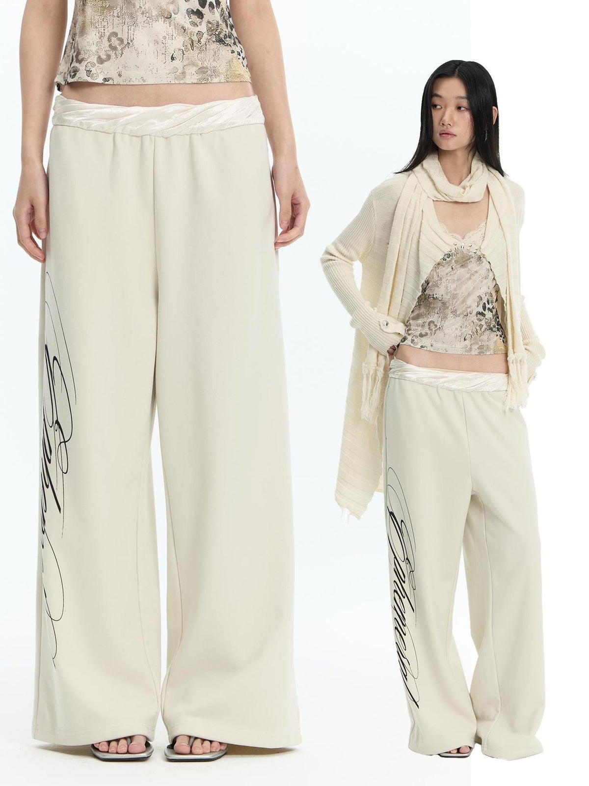 FayChui Textured Letter Print Straight Leg Acetate Satin Waist Women&