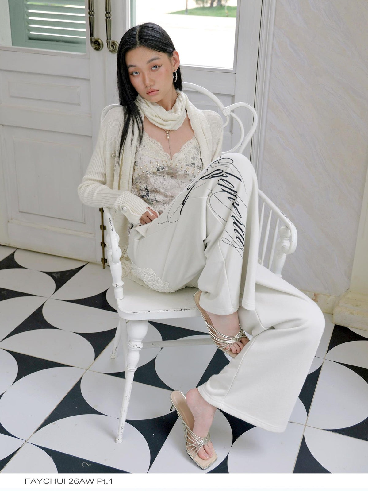 FayChui Textured Letter Print Straight Leg Acetate Satin Waist Women&
