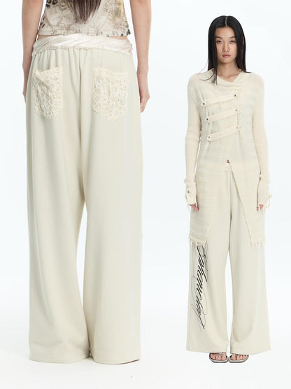 FayChui Textured Letter Print Straight Leg Acetate Satin Waist Women&