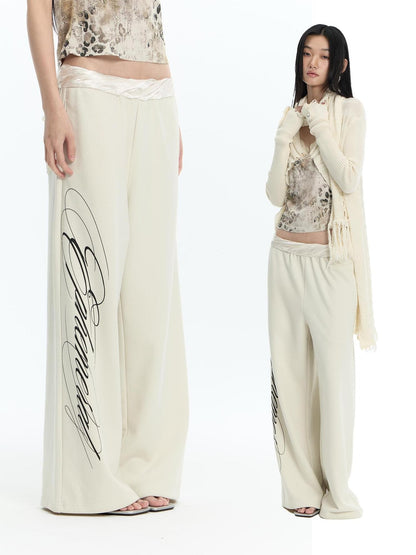 FayChui Textured Letter Print Straight Leg Acetate Satin Waist Women&