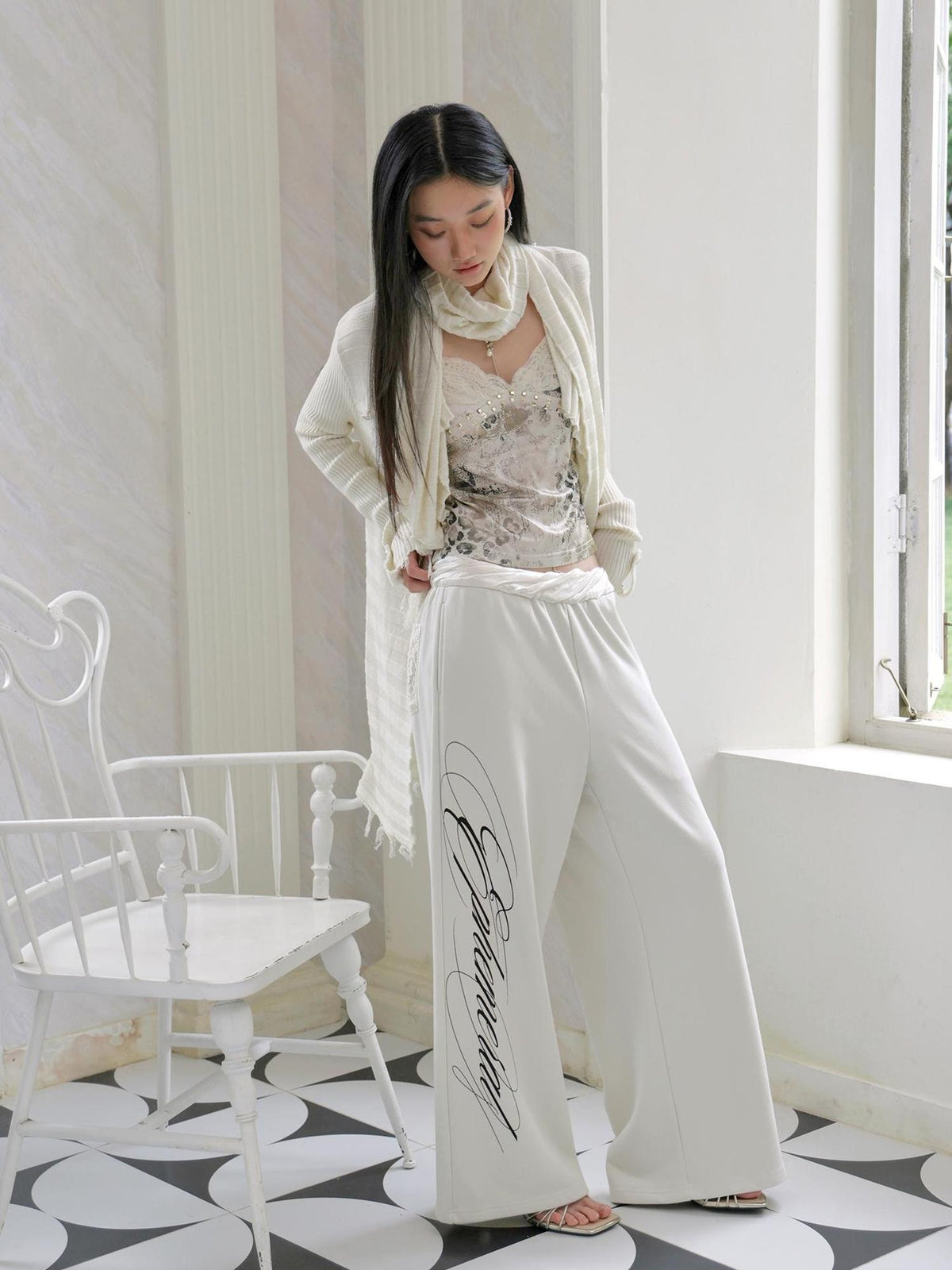 FayChui Textured Letter Print Straight Leg Acetate Satin Waist Women&